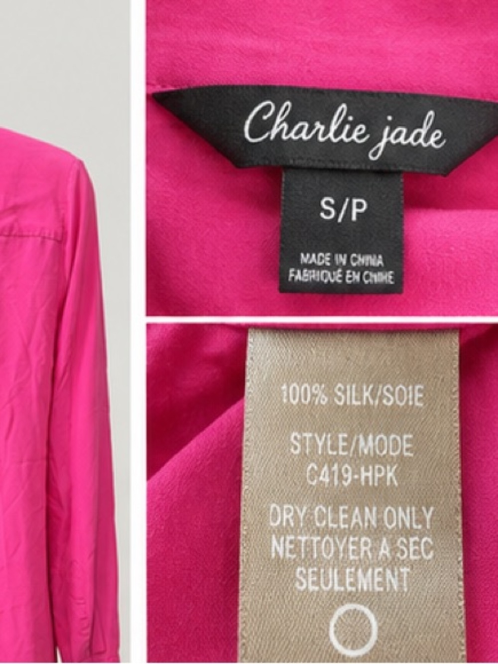 Charlie Jade 100% Silk Hot Pink Utility Button Down Shirt Blouse S - Picture 5 of 7
